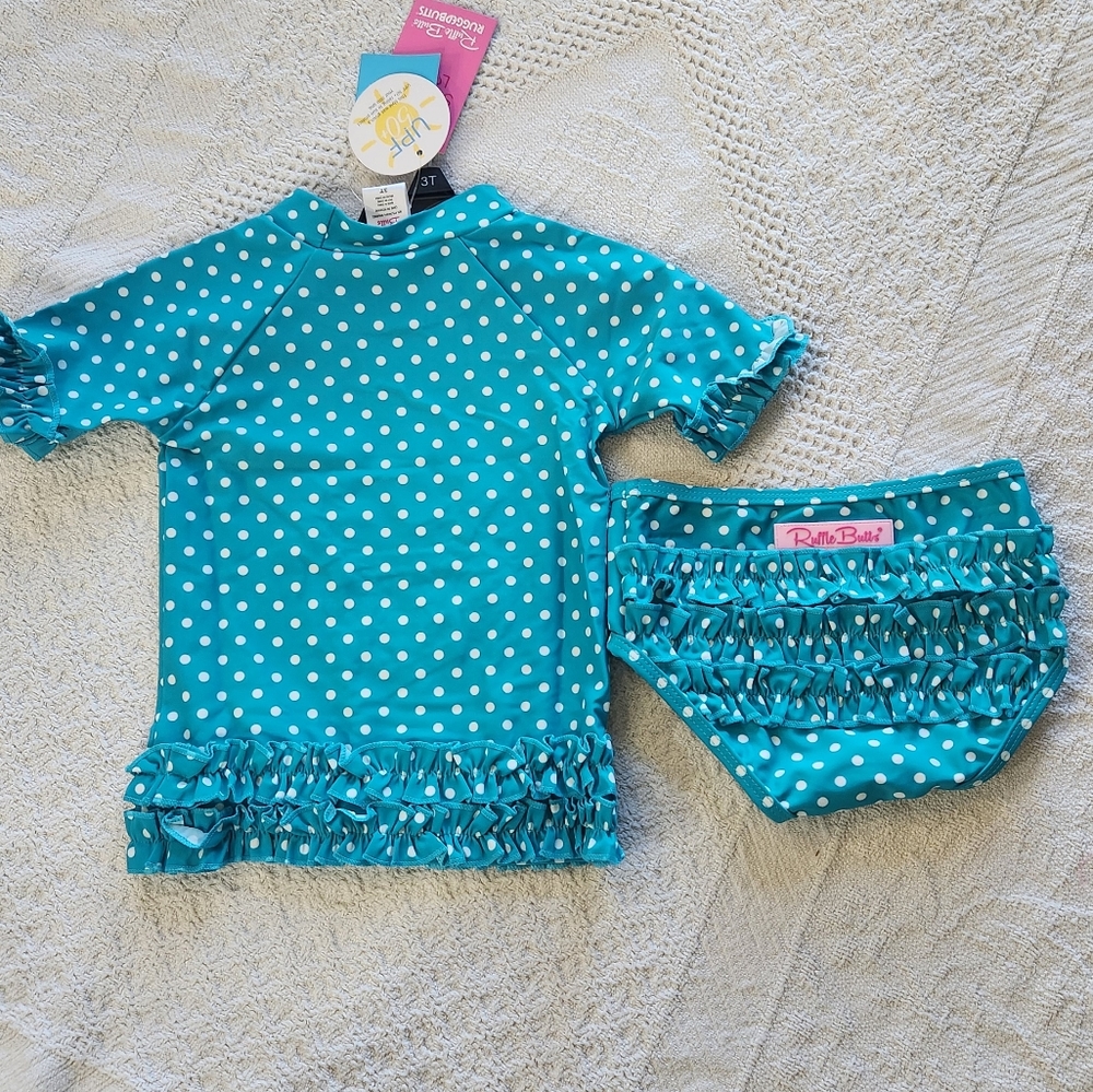 🆕️ Ruffle Butts Aqua Polka Dot Ruffled Rash Guard Bikini
